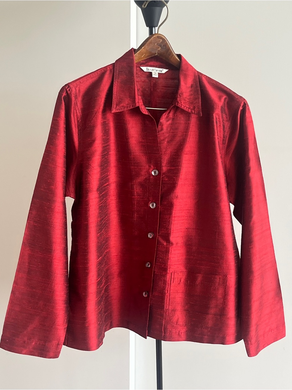 TravelSmith Womens Shirt Jacket Blazer 100% Silk Career Button Burgundy Wine 🍷 L